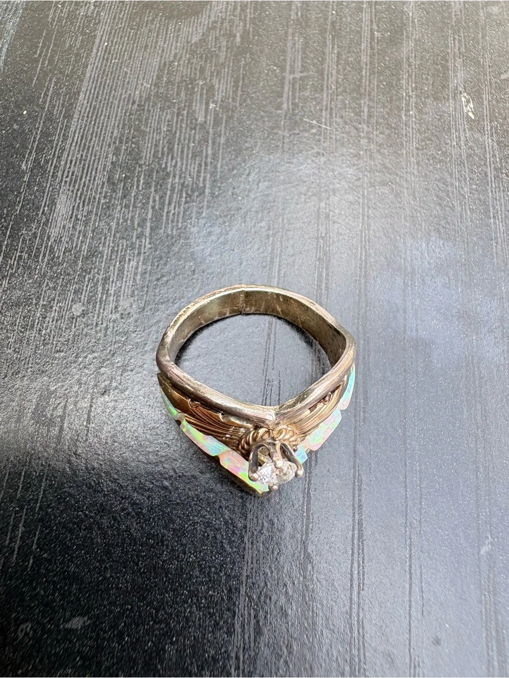 Vintage S. Ray Sterling Silver Ring with Opal and Clear Stone - Size 8.5